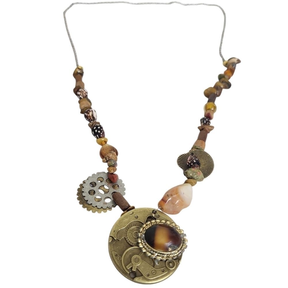 Nassa Columbella Tigers Eye Shell Wood Foil Heart Steampunk Necklace